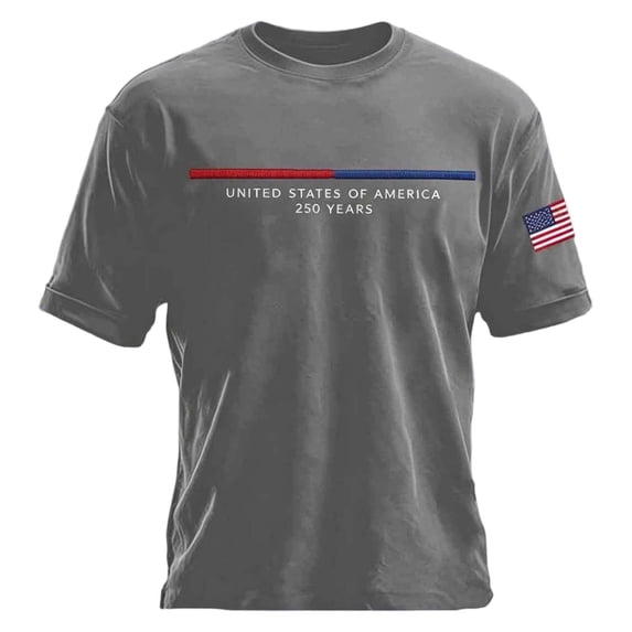 Mens USA 250 Years Patriotic Short Sleeve T-Shirt, Crew Neck American Flag Embroidered Casual Tee for Independence Day Daily Wear(Grey,XXL)