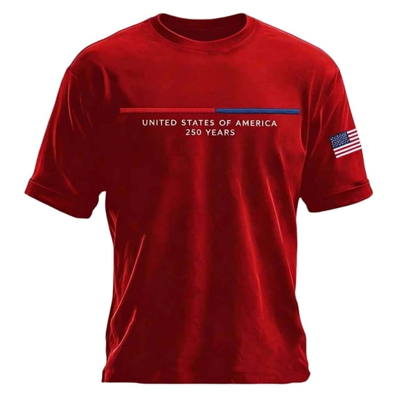 Mens USA 250 Years Patriotic Short Sleeve T-Shirt, Crew Neck American Flag Embroidered Casual Tee for Independence Day Daily Wear(Red,XXL)