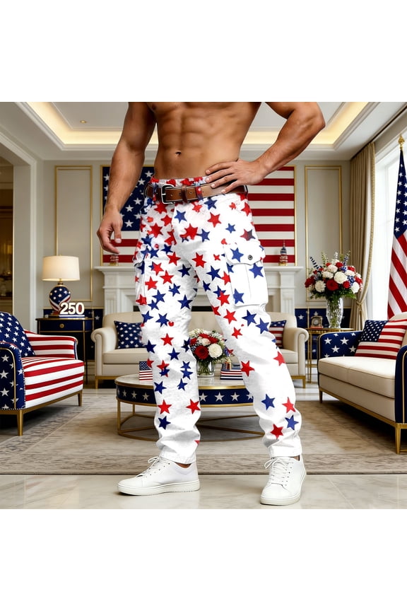 Mens USA 250th Anniversary Independence Day Print Cargo Pants Patriotic 4th of July Twill Pants White XXXL