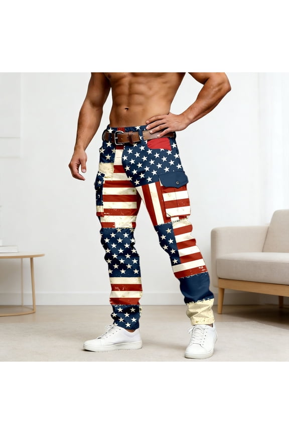 Mens USA 250th Anniversary Printed Double Pocket Cargo Pants Independence Day Outdoor Casual Work Trousers Red XXL