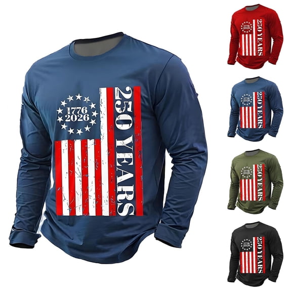 Mens USA 250th Anniversary Shirt Independence Day T Shirt Crewneck Long Sleeve Tee Basic Top Red L