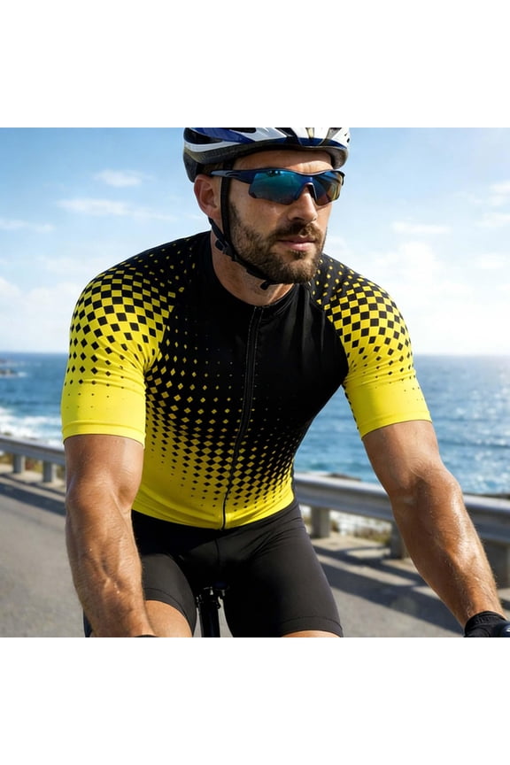 Mens USA Cycling Jersey Short Sleeve Sun Protection Printed UPF 50+ Bike Biking Shirts American Flag Road Bicycle Clothing Zip Top Yellow M