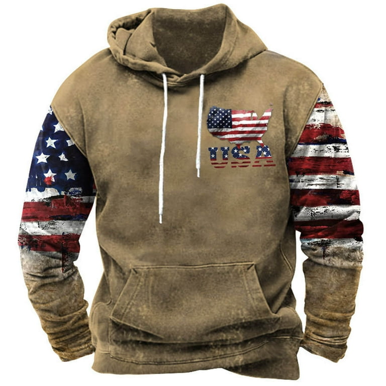 Mens USA Flag Patchwork Sweatshirts Patriotic Print Hoodies Top Vintage Drawstring Pullover Sweaters with Pockets Walmart