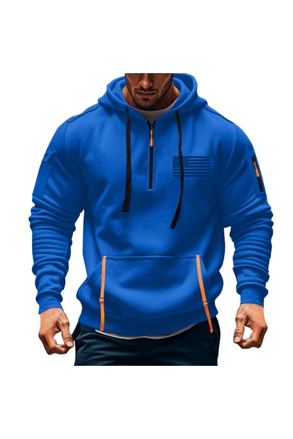 Mens USA Flag Tactical Pullover Sweatshirt Muscle Fit Quarter Zip Long Sleeve Hoodie Cargo Sleeve Outdoor Hiking Training Wear Royal Blue XL