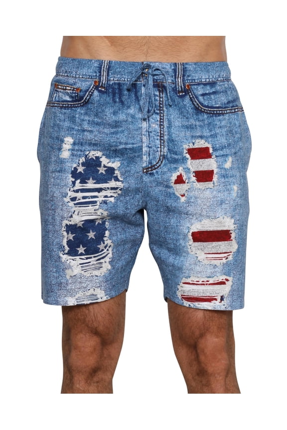 Mens USA flag Shorts Star and Stripes Under All Faux Denim Slim Jam America, Blue, Size: S