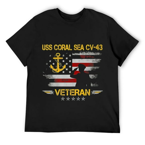Mens USS Coral Sea CV-43 Aircraft Carrier Veteran Flag Vintage T-Shirt Black