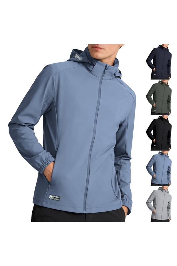 Mens UV Protection Shirts Full Zip Hooded Windbreaker UPF 50+ Lightweight Breathable Jacket with Side Pockets for Hiking Travel