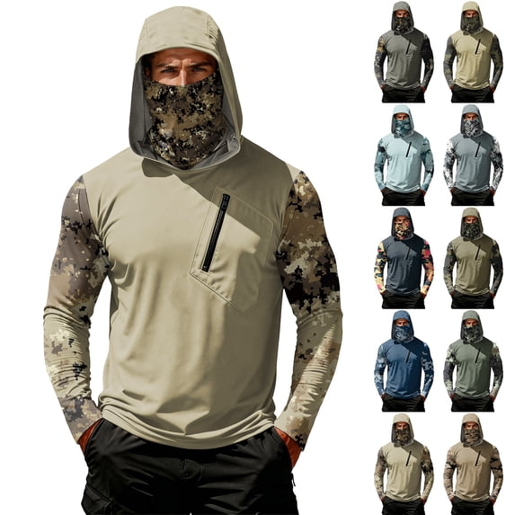 Mens UV Protection Shirts Long Sleeve UPF 50+ Hooded Rash Guard Sun Hoodies with Mask Outdoor Hiking Swimming Fishing, L