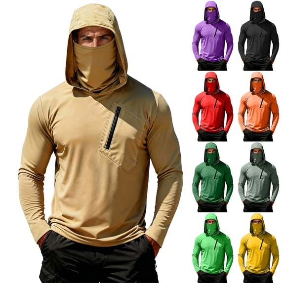 Mens UV Protection Shirts Long Sleeve UPF 50+ Hooded Rash Guard Sun Hoodies with Mask Outdoor Hiking Swimming Fishing, L