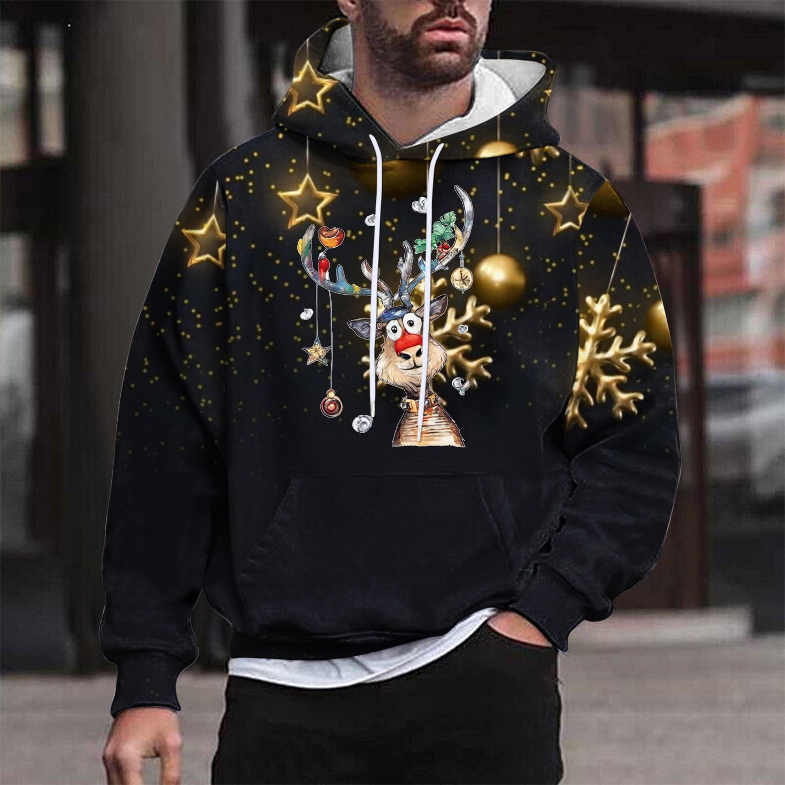 Mens Ugly Christmas Hoodies,Men Christmas Ugly 3D Printed Graphic Long  Sleeve Hoodies,Plus Size Christmas Sweatshirt for Men Xmas Tree Loose Fit