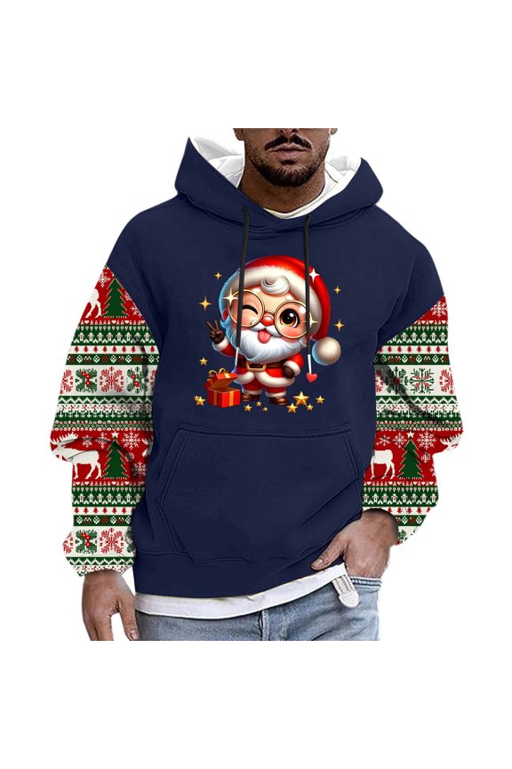 Mens Ugly Christmas Hoodies Plus Size Santa Claus Long Sleeve Sweatshirt Vacation Xmas Drawstring Pullover