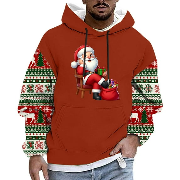 Mens Ugly Christmas Hoodies Plus Size Santa Claus Long Sleeve Sweatshirt Vacation Xmas Drawstring Pullover