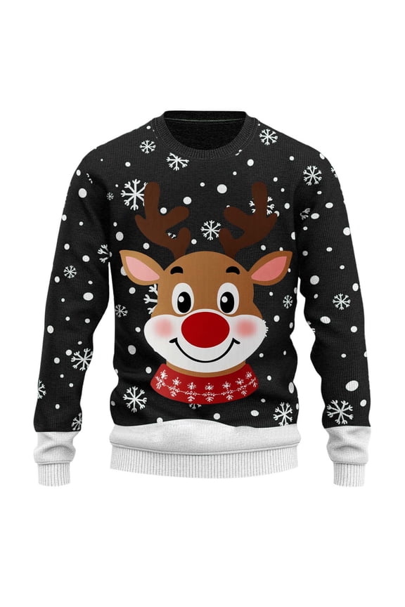 Mens Christmas Sweaters Funny Reindeer Print Long Sleeve Crewneck Pullover Sweaters Holiday Winter Warm Cozy Xmas Gifts Sweaters for Men