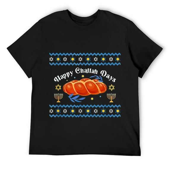Mens Ugly Hanukkah Sweater Happy Challah Days T-Shirt Black Large