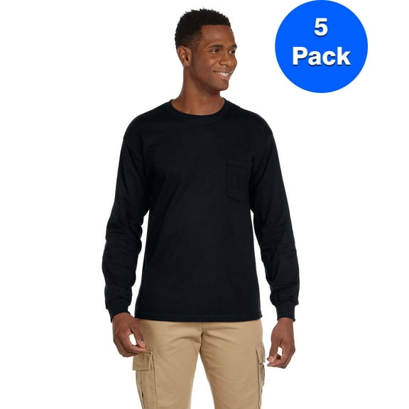 Mens Ultra CottonLong-Sleeve T-Shirt with Pocket 5 Pack