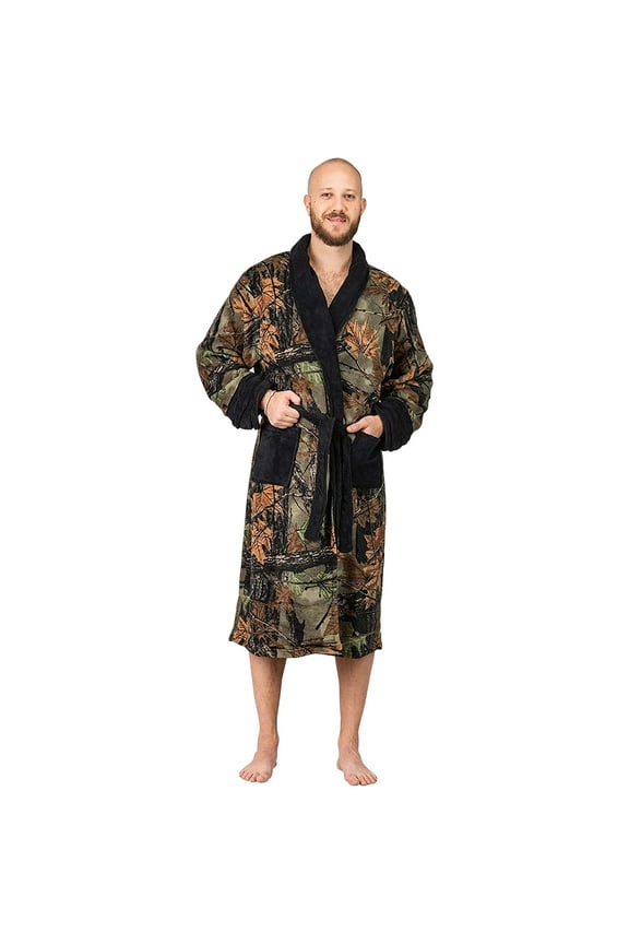 Mens Ultra Soft Plush Coral Fleece Lounge Robe-Bath Robe- Camo & Black, 2X