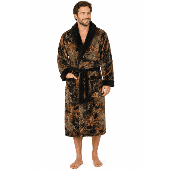 Mens Ultra Soft Plush Coral Fleece Lounge Robe-Bath Robe- Camo & Black, 2X