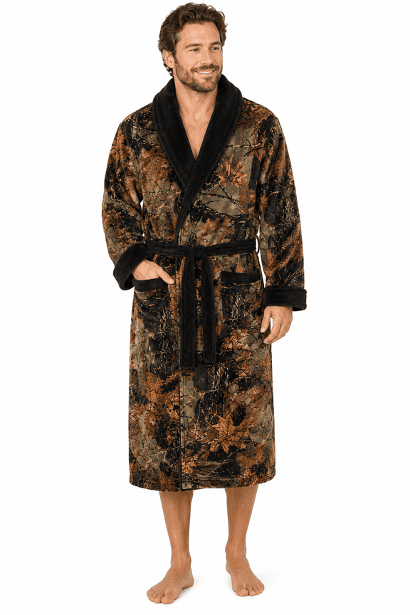 Mens Ultra Soft Plush Coral Fleece Lounge Robe-Bath Robe- Camo & Black, 3X