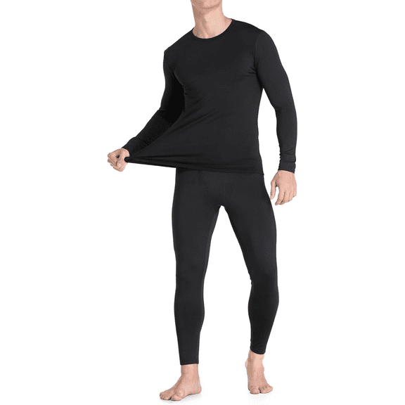 Men’s Ultra-Soft Tagless Fleece Lined Thermal Top & Bottom Underwear Set, Black, Medium