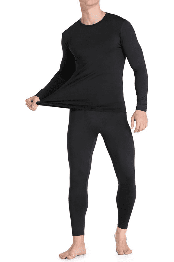 Men’s Ultra-Soft Tagless Fleece Lined Thermal Top & Bottom Underwear Set, Black, Medium