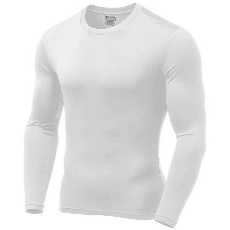 Mens Ultra Soft Thermal Shirt - Compression Baselayer Crew Neck Top -  Fleece Lined Long Sleeve Underwear , White, Large