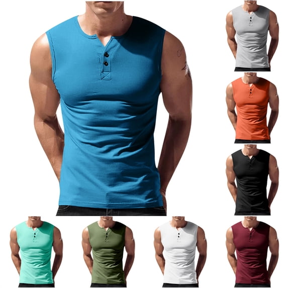 Mens Undershirts Tank Men's Casual Solid Color Mesh Breathable Sleeveless Round Neck Half Button Sports Top Black XL