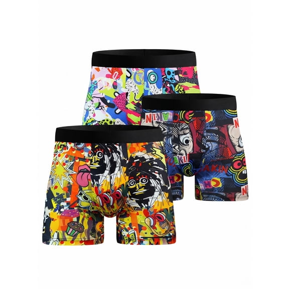 GIRUNS Mens Underwear 3 Pack Boxer Briefs Graffiti Breathable Quick Dry Boxers for Men L