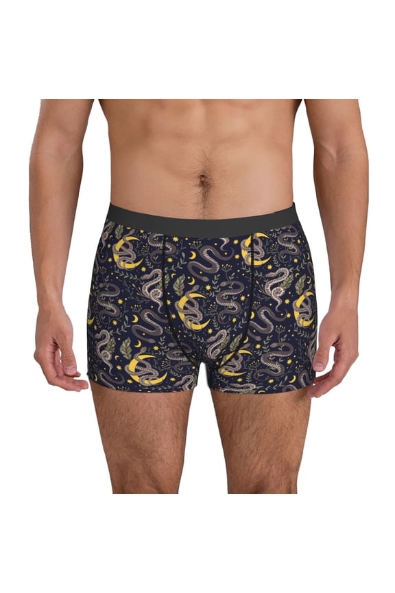 Mens Underwear Boxer Briefs - Cartoon Funny Snake Moon Leaf Comfort Breathable men's boxer briefs with Flex Waistband