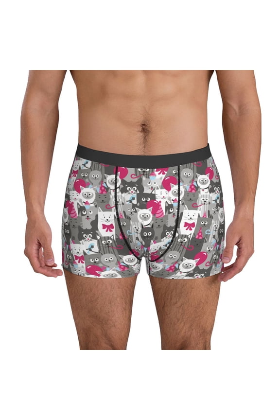 Mens Underwear Boxer Briefs - Funny Cartoon Cat Gray Comfort Breathable men's boxer briefs with Flex Waistband