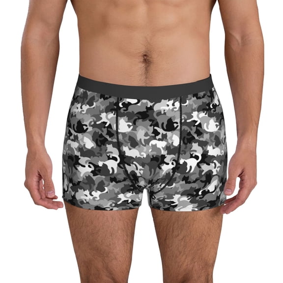 Mens Underwear Boxer Briefs - Grey Cat Camouflage Comfort Breathable men's boxer briefs with Flex Waistband