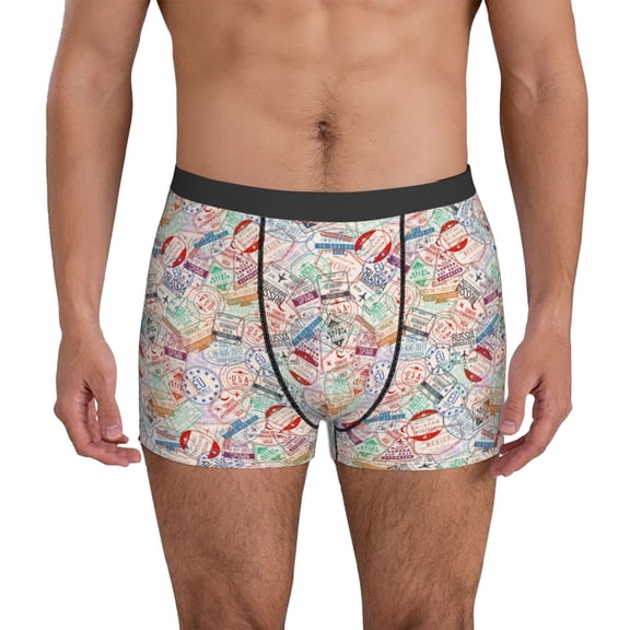 Mens Underwear Boxer Briefs - Passport Stamp Comfort Breathable men's boxer briefs with Flex Waistband