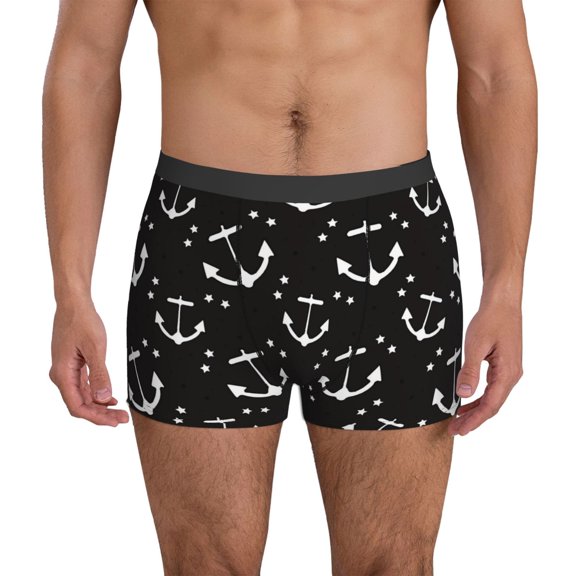 Mens Underwear Boxer Briefs - white anchor star black Comfort Breathable men's boxer briefs with Flex Waistband