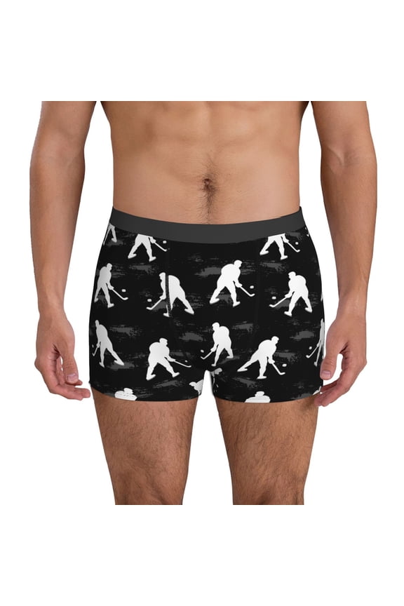 Mens Underwear Boxer Briefs - white hockey players black print Comfort Breathable men's boxer briefs with Flex Waistband