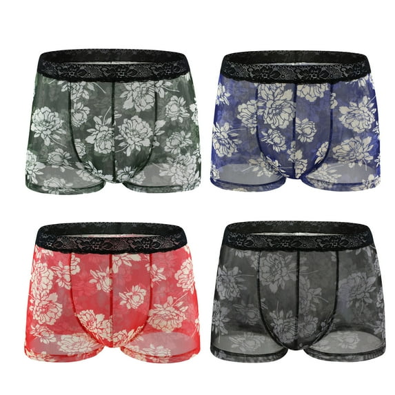 Mens Underwear 4PC Underwear Boxer Briefs Printed Transparent Lace Breathable Underwear