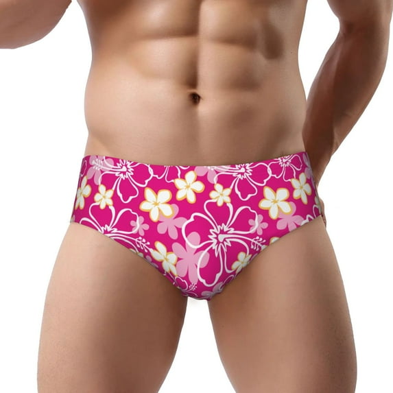 Mens Underwear - Hawaiian Style Pink Flower Breathable Comfort Men's Underwear Briefs, Soft Stretch Classic Funny Fit Mens Bikini Underwear