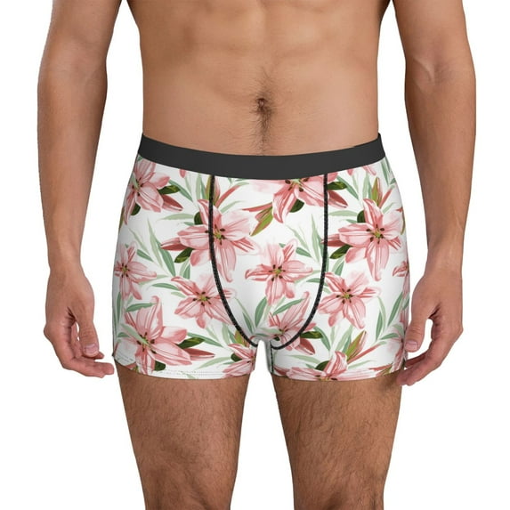 Mens Underwear, Pink Lilies Flowers Sexy Mens Underwear Boxer Briefs, Breathable Boxer Briefs for Men