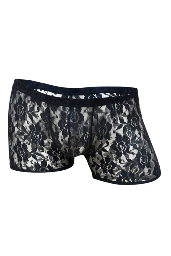Mens Underwear Rose Lace Transparent Mesh Low Waist Boyshort