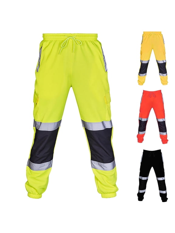 Mens Uniform Work Pants Hi Vis Reflective Safety Cargo Sweatpants Elastic Waist Drawstring Cuffed Joggers Track Pants Casual Construction Outdoor Fall