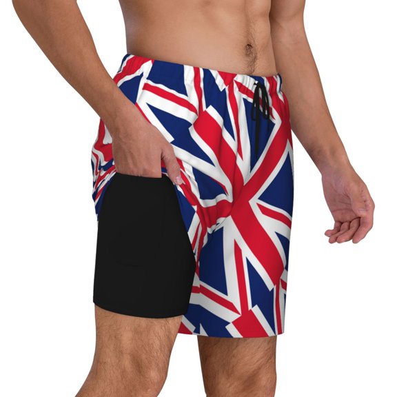 Mens Union Jack 2 in 1 Quick Dry Swim Trunks with Compression Liner Beach Shorts