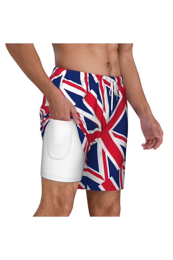 Mens Union Jack 2 in 1 Quick Dry Swim Trunks with Compression Liner Beach Shorts
