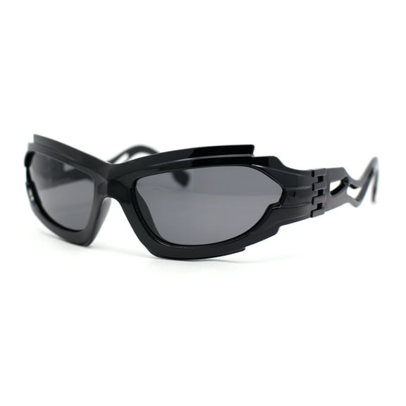 Mens Unique Elabroate Futuristic Wrap Around Sport Plastic Sunglasses All Black