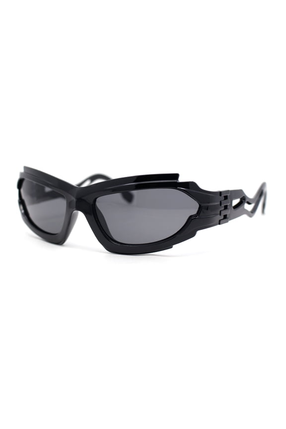 Mens Unique Elabroate Futuristic Wrap Around Sport Plastic Sunglasses All Black