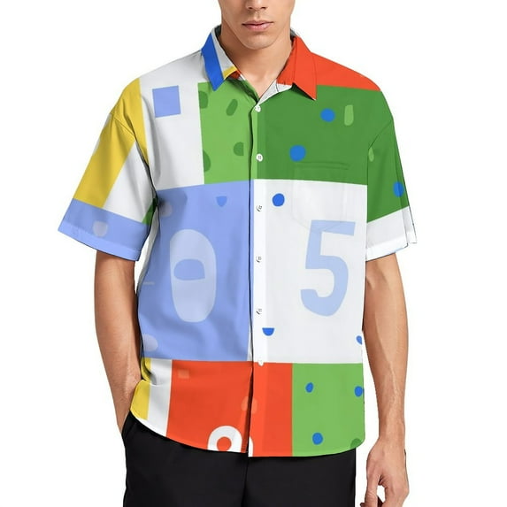 Mens Unique Pattern Colorful Numbers Playful Design Blocks Button Up Shirts Vacation Summer Clothes
