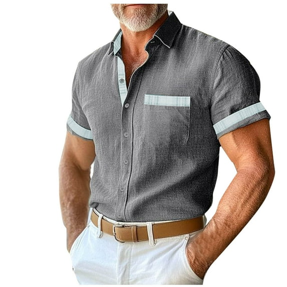 Mens Untucked Dress Shirts Color Block Short Sleeve Button Down Business Casual Work Shirt Fashion Summer Tops