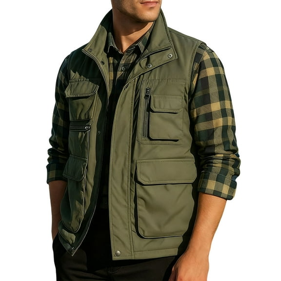 Mens Utility Safari Vest Fall Winter Fleece Lined Sleeveless Warm Jackets Travel Hiking Fishing Outdoors Outerwear (M, Army Green)