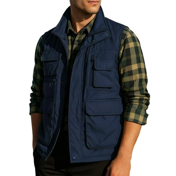 Mens Utility Safari Vest Fall Winter Fleece Lined Sleeveless Warm Jackets Travel Hiking Fishing Outdoors Outerwear (XL, Navy)