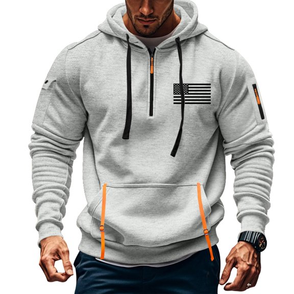 Mens Utility Tactical Hoodie American Flag Half Zip Muscle Fit Long Sleeve Pullover Sweatshirt Kangaroo Pocket Casual Athletic Streetwear Light Gray L