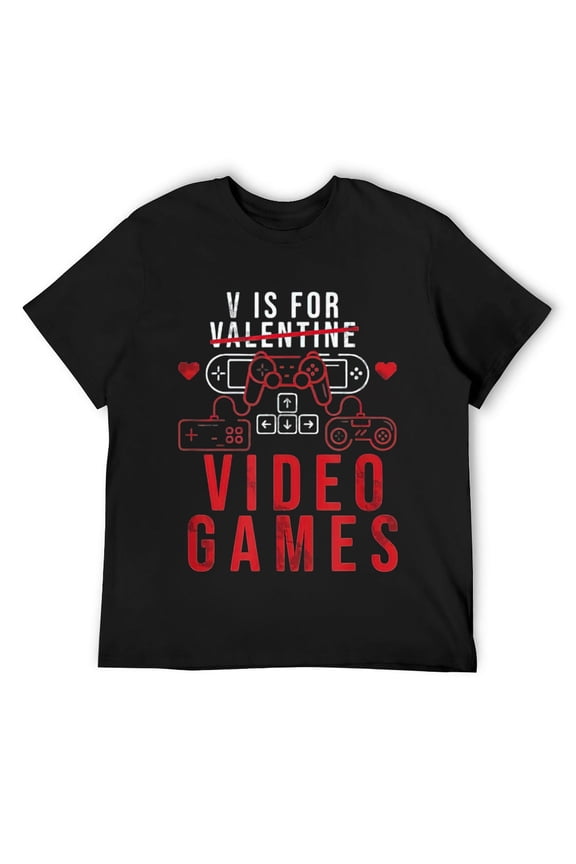 Mens V Is For Video Games Funny Gamer for Valentines Day T-Shirt Black