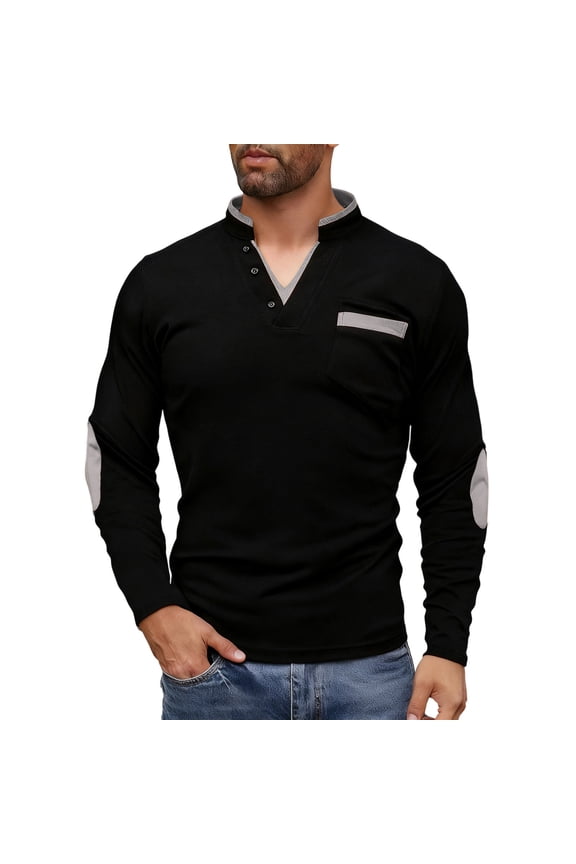 Mens V-Neck Button Pullover Sweaters Long Sleeve Henley Shirts Stand Collar Sweatshirts Fall Slim Fit Patchwork Top Gray S