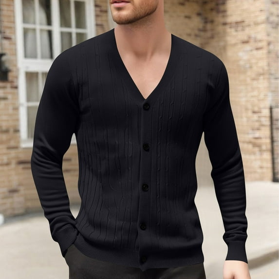 Mens V Neck Cardigan Sweaters Long Sleeve Knitted Button-Down Jackets Classic Solid Color Stretchy Slim Warm Loungewear Work Outerwear Coats